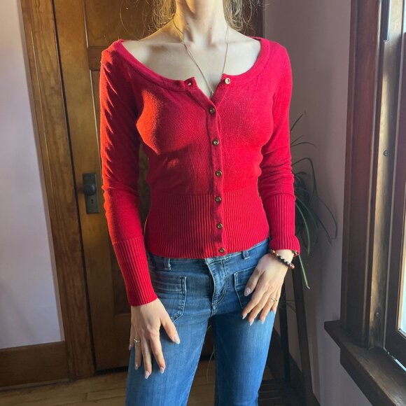 Wet Seal Y2K Red Off Shoulder Cardigan S 2000s Holiday Party Coquette Top Glam - Picture 1 of 7